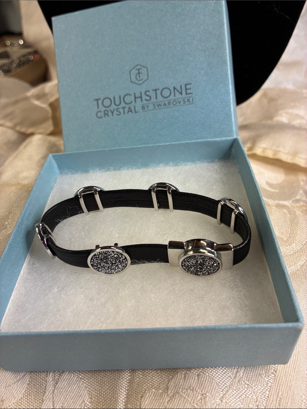 Touchstone Crystal Black Leather Bracelet Sparkling Silver Accents by Swarovski